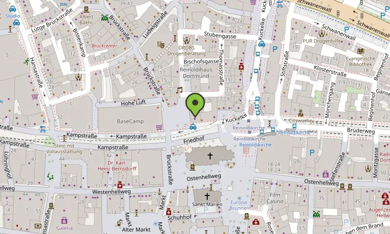 Kartenausschnitt der Dortmunder Innenstadt mit dem Lernstudio IQ am Friedhof 4 und der Haltestelle Reinoldikirche